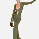 Elegante Vestido de Noche Largo de Manga Larga Verde