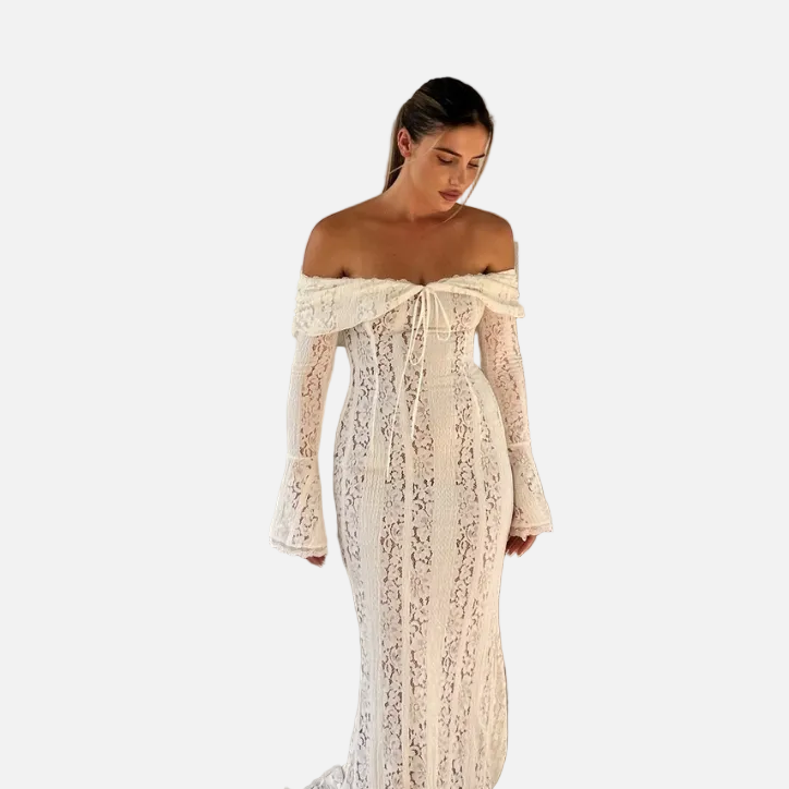 Elegante Maxi Vestido de Encaje Off-Shoulder para Invitadas de Boda