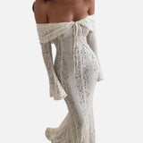 Elegante Maxi Vestido de Encaje Off-Shoulder para Invitadas de Boda