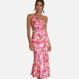 Elegante vestido de cóctel floral de un solo hombro