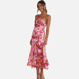 Elegante vestido de cóctel floral de un solo hombro