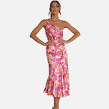 Elegante vestido de cóctel floral de un solo hombro