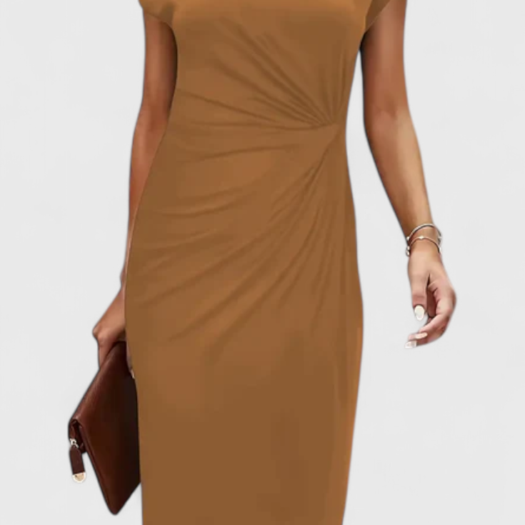 Vestido Midi Atemporal Katrina con Cuello Redondo y Detalle Drapado