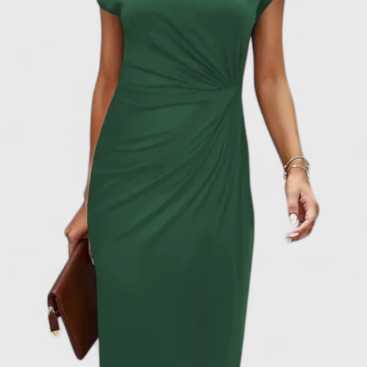 Vestido Midi Atemporal Katrina con Cuello Redondo y Detalle Drapado