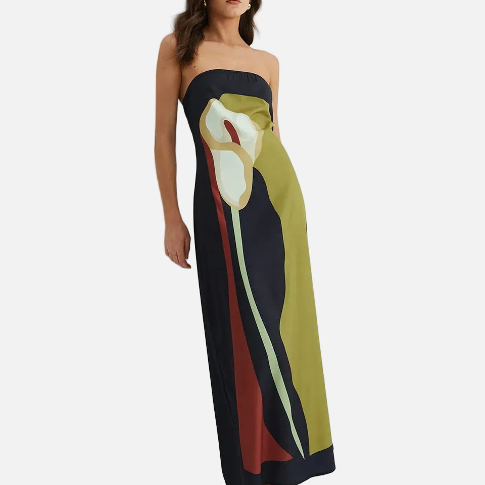 Vestido Maxi de Fiesta de Verano Impreso Sin Tirantes Calla