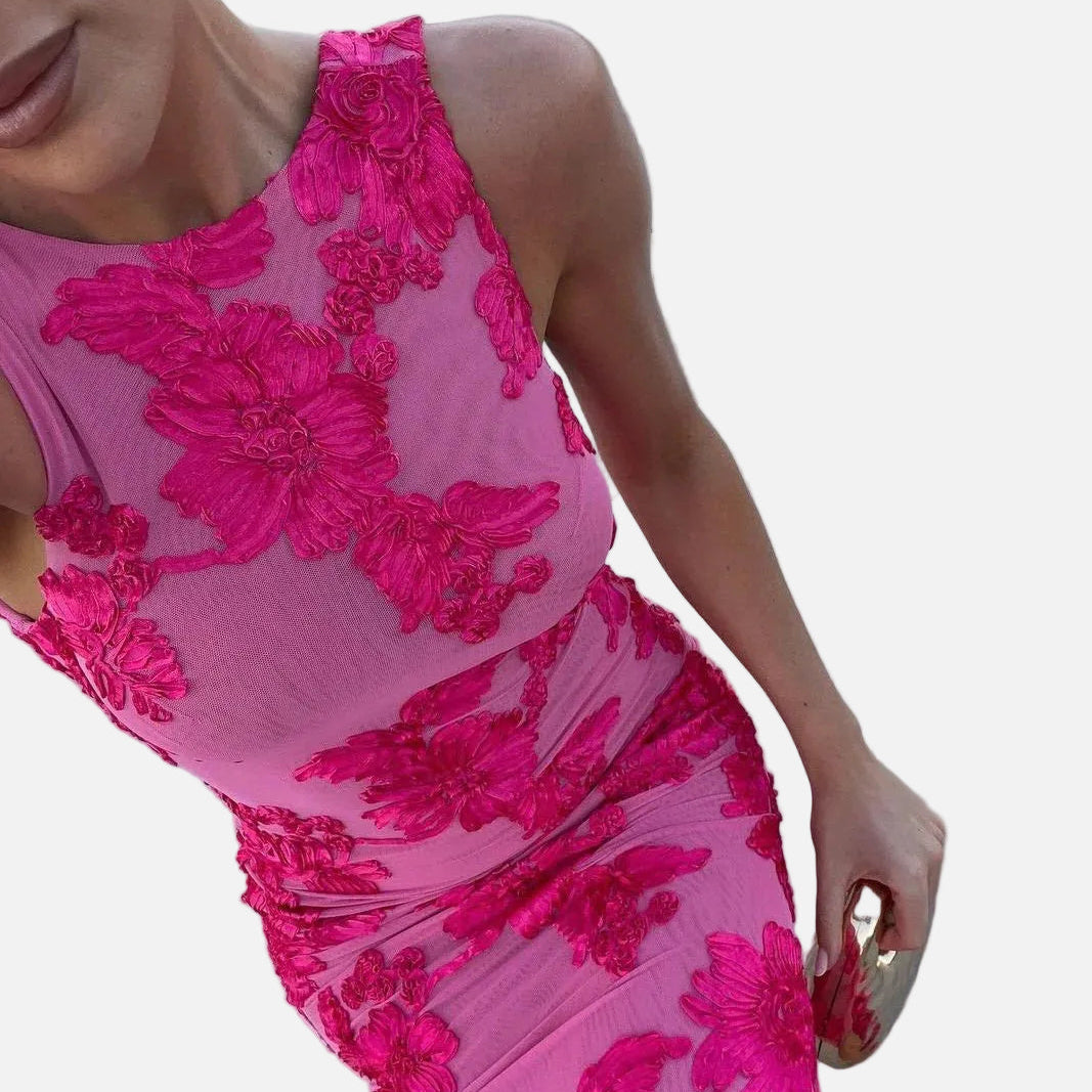 Vestido Maxi de Noche Sin Mangas Bordado Floral