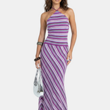 Vestido Maxi de Cuello Halter – Vestido de Silueta Rayada para Mujeres
