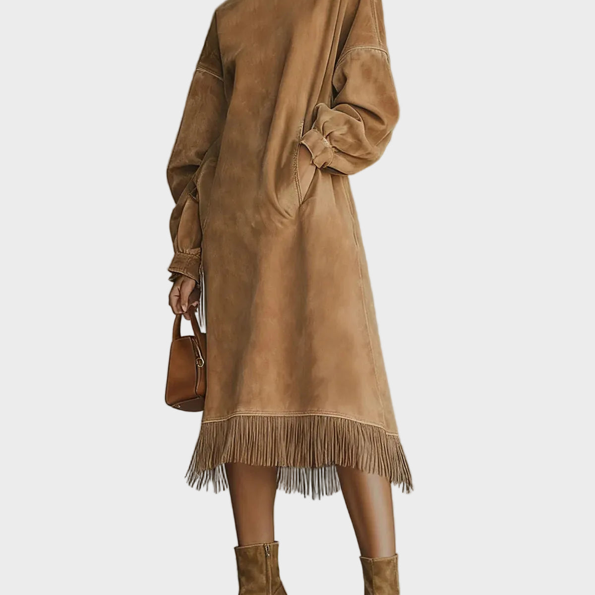 Vestido de Suede con Cuello Alto y Flecos