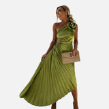 Elegante Vestido Midi de Ocasión Especial con Pliegues en el Hombro