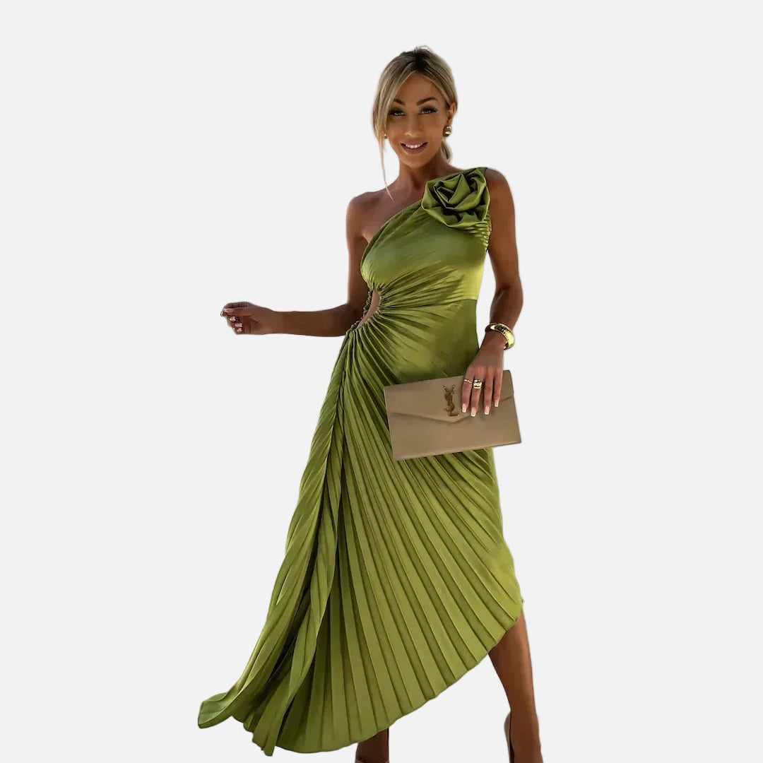 Elegante Vestido Midi de Ocasión Especial con Pliegues en el Hombro