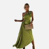 Elegante Vestido Midi de Ocasión Especial con Pliegues en el Hombro