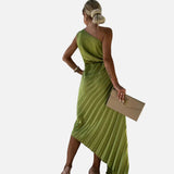 Elegante Vestido Midi de Ocasión Especial con Pliegues en el Hombro