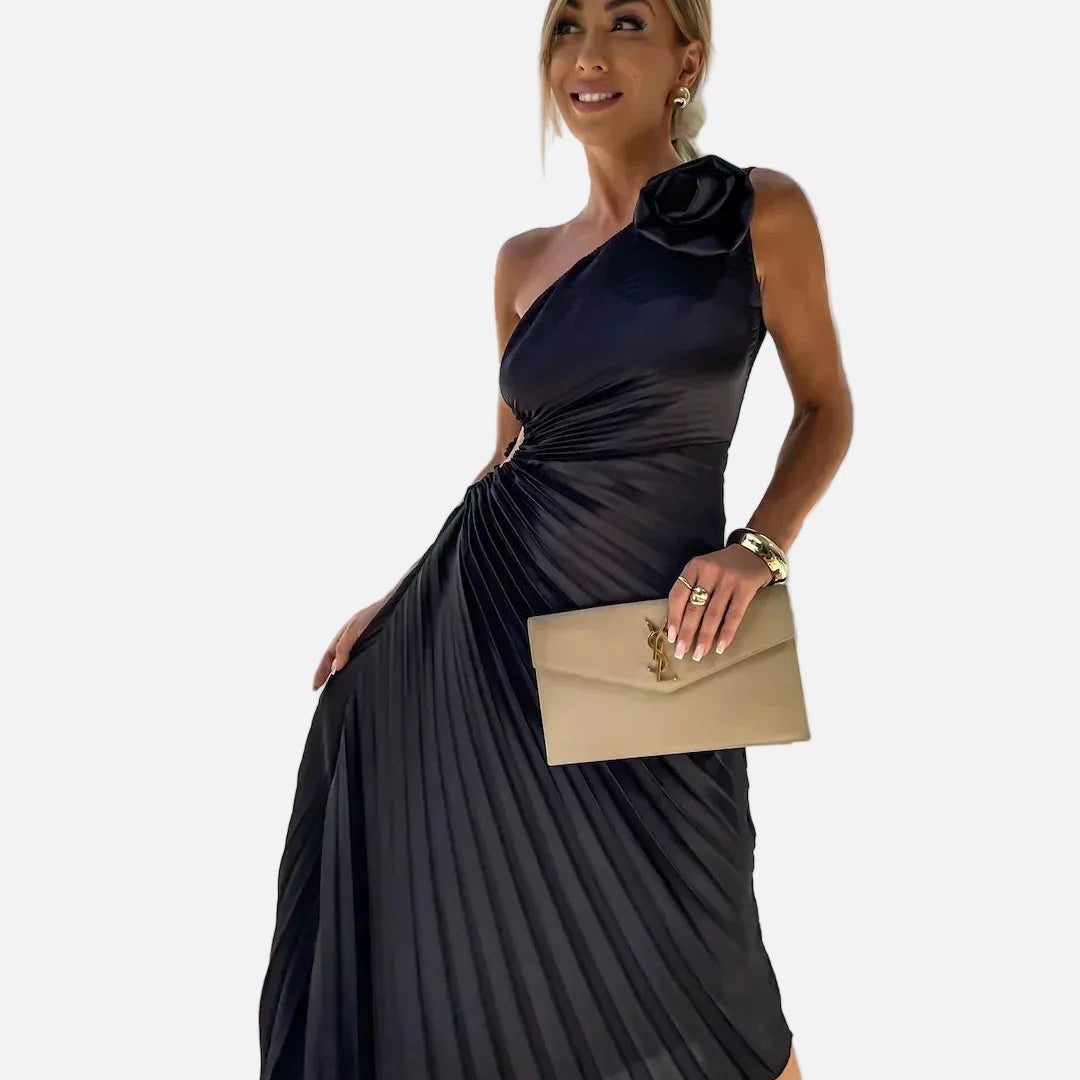 Elegante Vestido Midi de Ocasión Especial con Pliegues en el Hombro