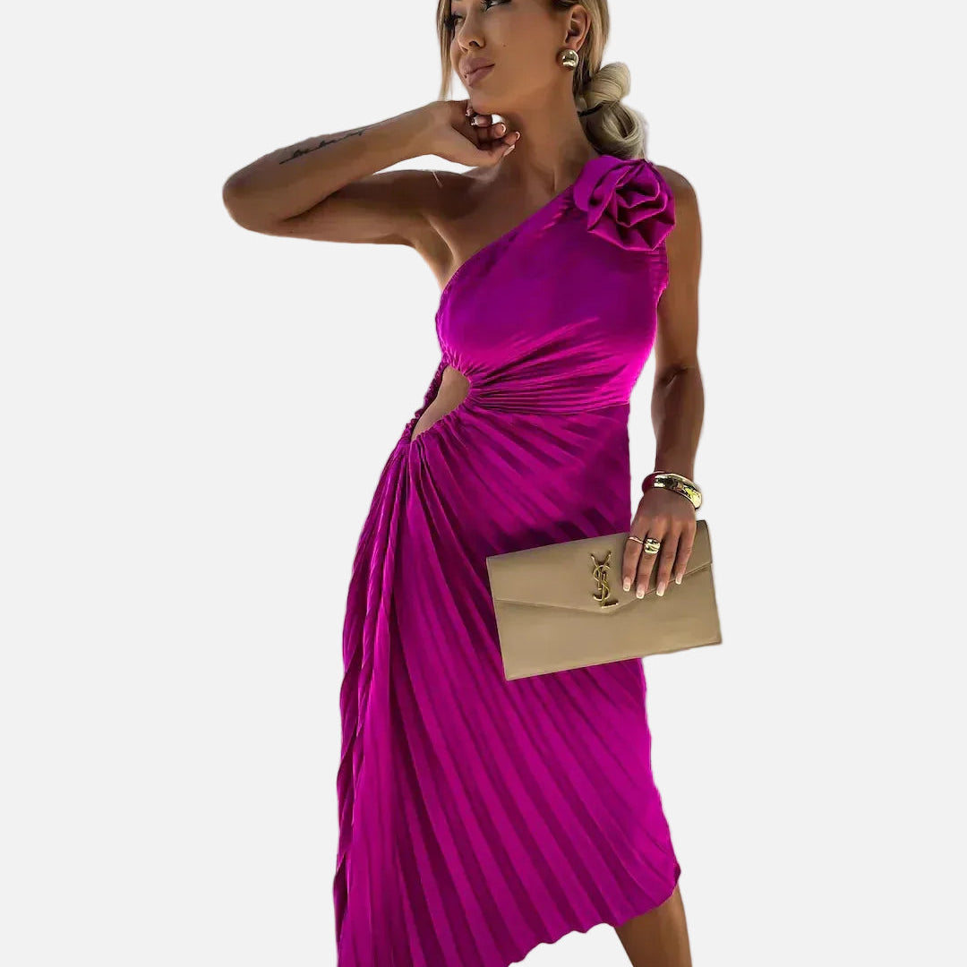 Elegante Vestido Midi de Ocasión Especial con Pliegues en el Hombro