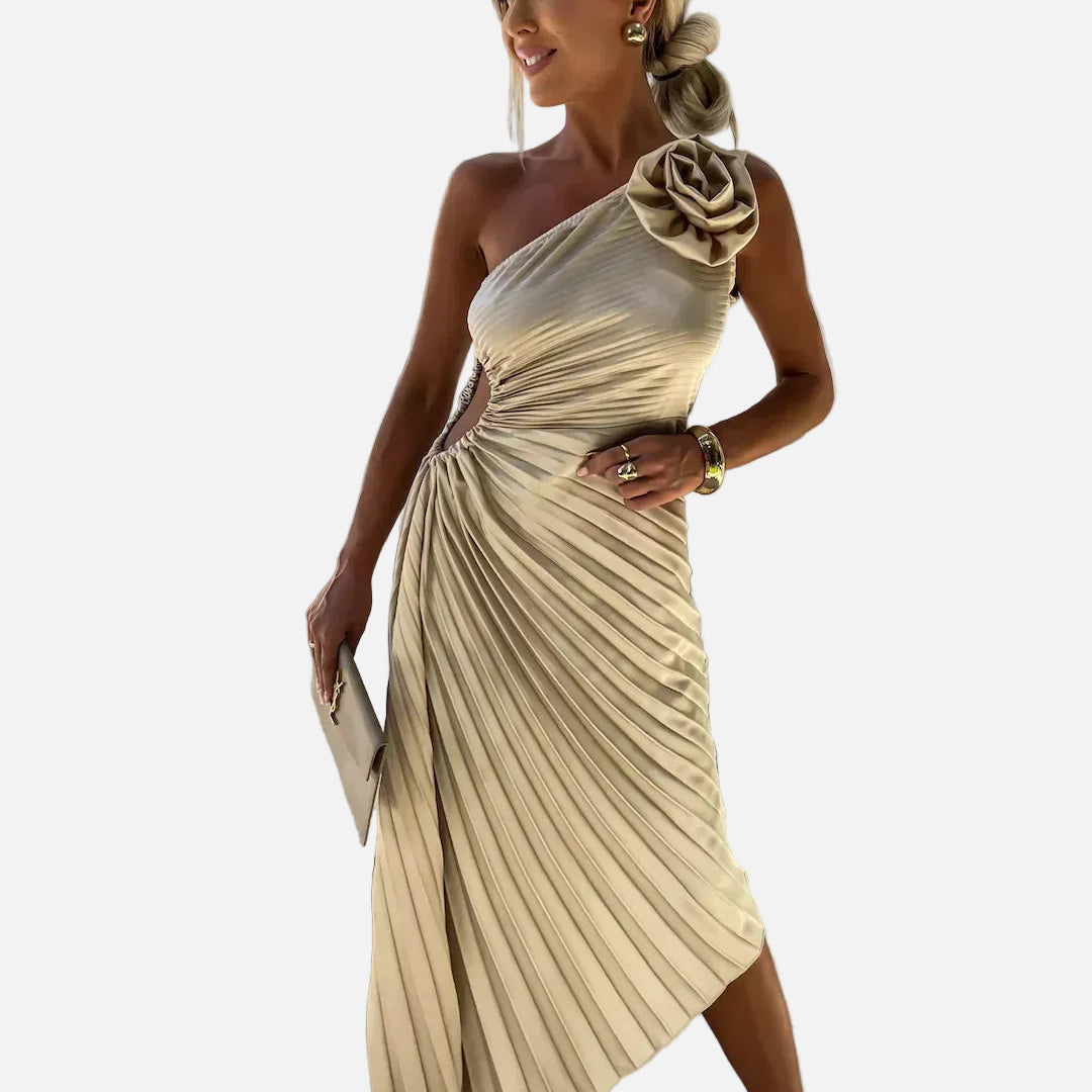 Elegante Vestido Midi de Ocasión Especial con Pliegues en el Hombro
