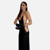 Vestido Maxi Halter de Malla Transparente con Espalda Abierta