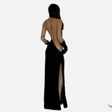 Vestido Maxi Halter de Malla Transparente con Espalda Abierta