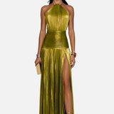 Vestido Maxi Halter Plisado Metálico