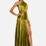 Vestido Maxi Halter Plisado Metálico