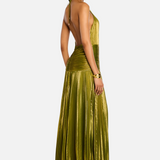 Vestido Maxi Halter Plisado Metálico