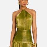 Vestido Maxi Halter Plisado Metálico