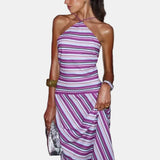 Vestido Maxi de Cuello Halter – Vestido de Silueta Rayada para Mujeres