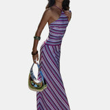 Vestido Maxi de Cuello Halter – Vestido de Silueta Rayada para Mujeres