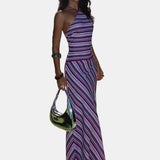 Vestido Maxi de Cuello Halter – Vestido de Silueta Rayada para Mujeres