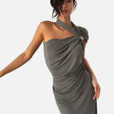 Vestido Maxi Drapado de Un Hombro con Silueta Esculpida