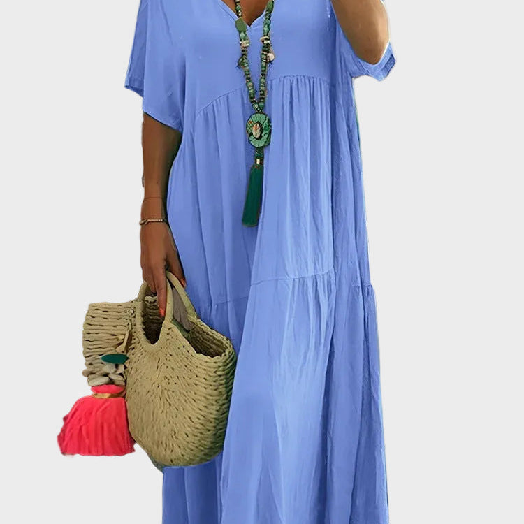 Linnea – Vestido maxi suave con volantes y escote en forma de V