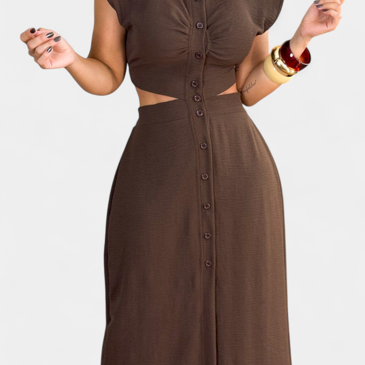 Vestido Midi Griselda con Botones y Cintura Abierta
