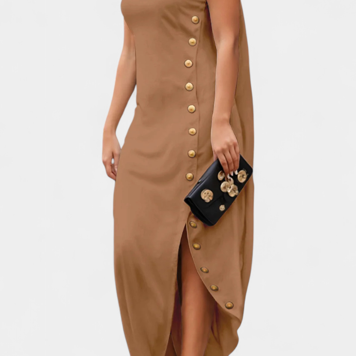 Vestido Asimétrico Afrodita con Botones Decorativos de Oro