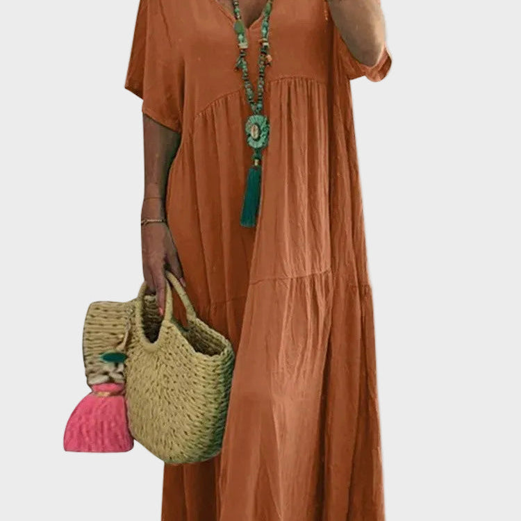 Linnea – Vestido maxi suave con volantes y escote en forma de V