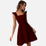 Vestido ajustado y acampanado para mujer con tirantes con volantes y escote cuadrado