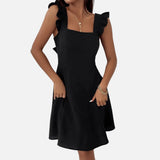 Vestido ajustado y acampanado para mujer con tirantes con volantes y escote cuadrado
