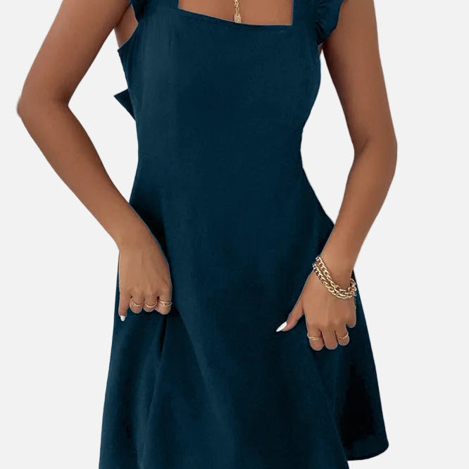 Vestido ajustado y acampanado para mujer con tirantes con volantes y escote cuadrado