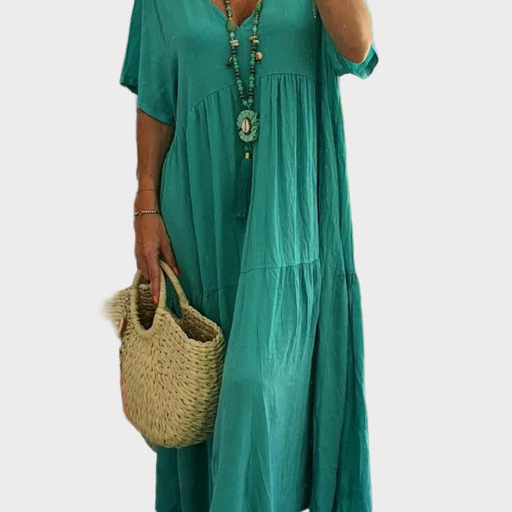 Linnea – Vestido maxi suave con volantes y escote en forma de V