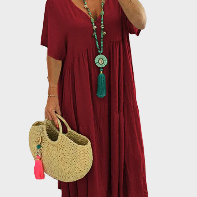 Linnea – Vestido maxi suave con volantes y escote en forma de V