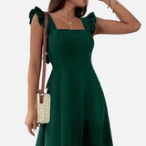 Vestido ajustado y acampanado para mujer con tirantes con volantes y escote cuadrado