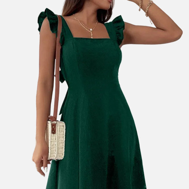 Vestido ajustado y acampanado para mujer con tirantes con volantes y escote cuadrado
