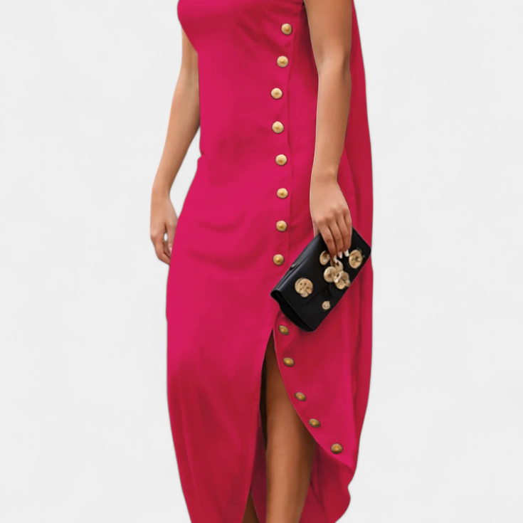 Vestido Asimétrico Afrodita con Botones Decorativos de Oro