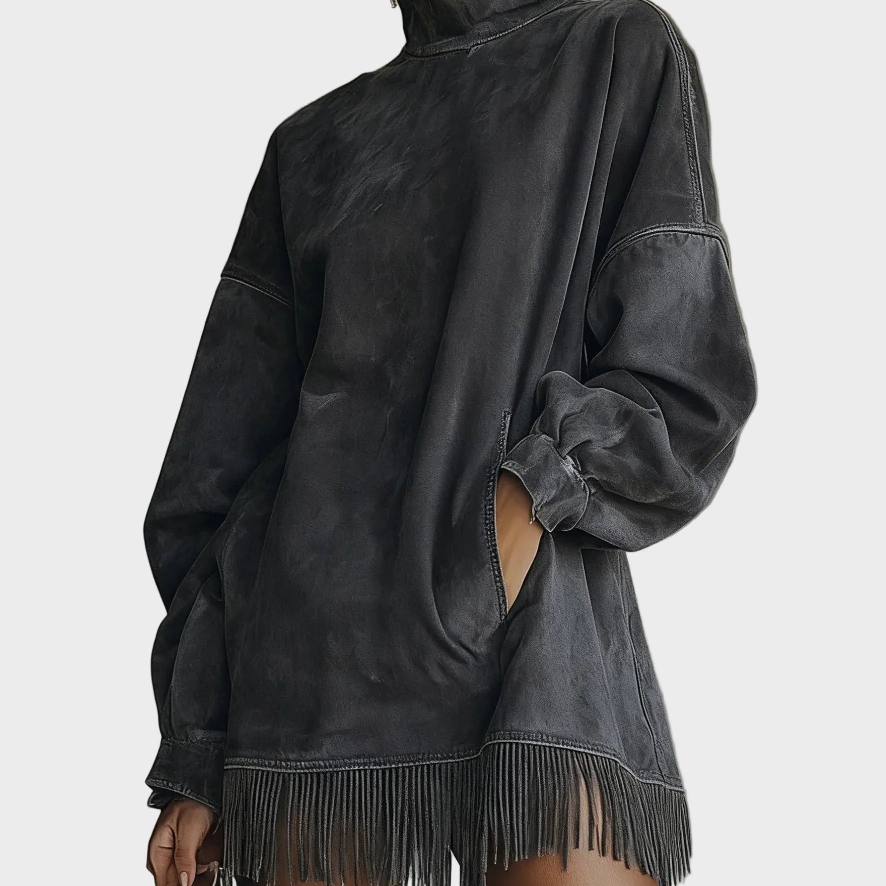 Vestido de Fausz Suede con Cuello Alto y Flecos