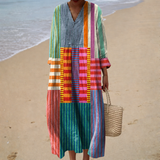 Susana - Vestido de Playa Maxi Colorblock de Manga Tres Cuartos