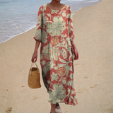 Benedita - Vestido de Playa Largo Floral de Manga Tres Cuartos