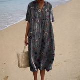 Gemma - Vestido de Playa Midi Floral Bohemio de Manga Corta