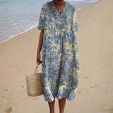 Carla - Vestido de Playa Largo Floral de Manga Corta