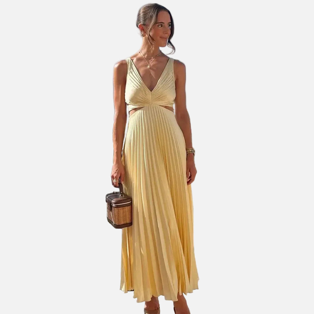 Vestido Maxi de Fiesta de Verano Plisado Amarillo
