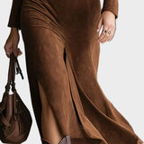 Estilo retro occidental con cuello de ante sintético, midi con abertura