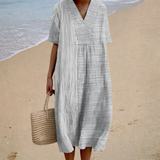 Noelia - Vestido de Playa Midi Rayado de Manga Corta