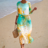 Camila - Vestido de Playa Midi Acuarela Luminescente de Manga Corta